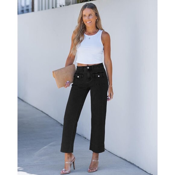 Wide Leg Jeans Women High Waisted Cropped Stretchy Denim Retro Patch Pockets - Picture 5 of 7